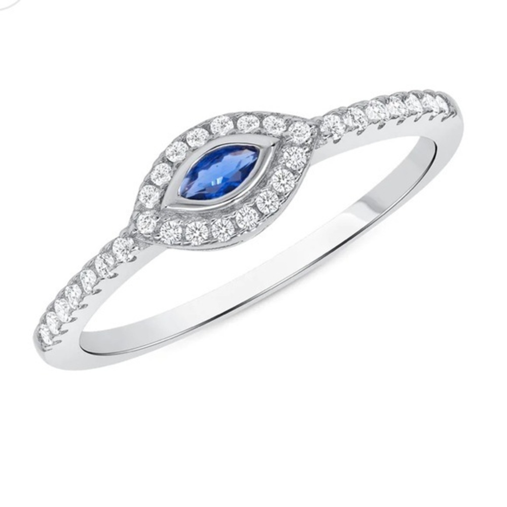 Silver 925 Rhodium Plated Blue Cubic Zirconia Ring